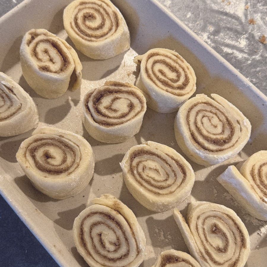 A tray of cinnamon rolls before the oven