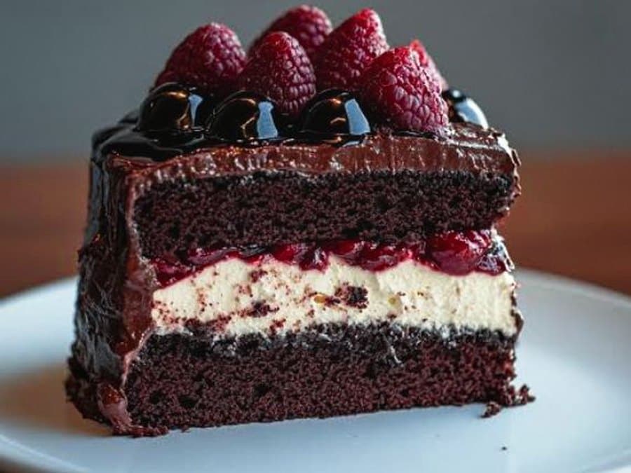 A slice of chocolate berry cake