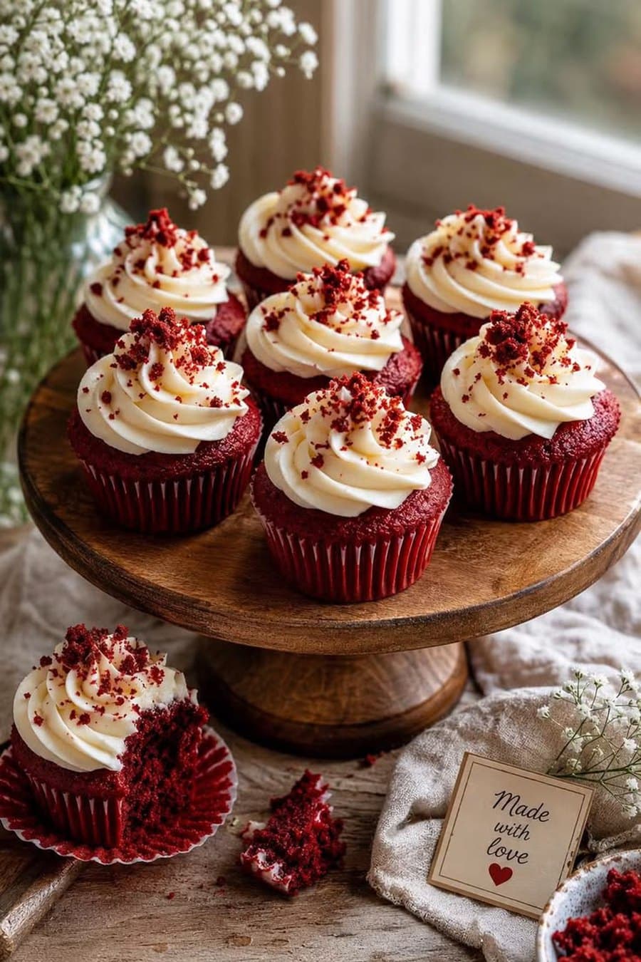 A stand of decorated cupcakes