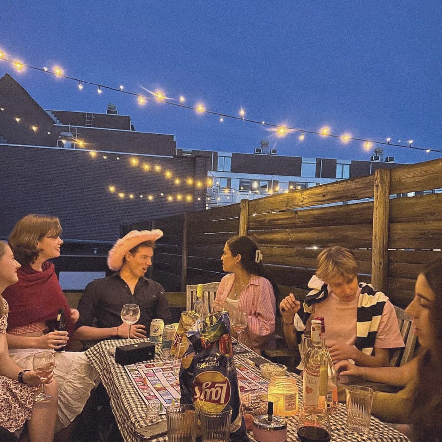 Under the lights on a terrace