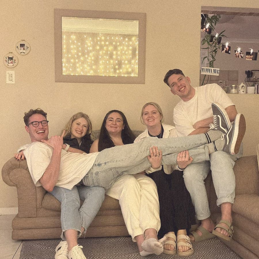 Everyone on one sofa